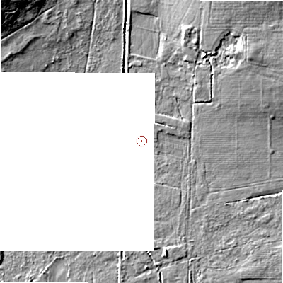 Shaded relief map of the ground around BH228UB, computed from Environment Agency LiDAR. and falls 12 m across the surrounding 800 m. Surface water reaching this point runs off ground lying to the north-north-east, 0.6 m higher.