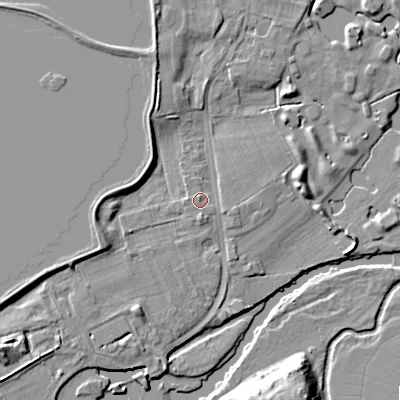 Shaded relief map of the ground around BH229AA, computed from Environment Agency LiDAR. The ground here sits at about 12 m above sea level and falls 10 m across the surrounding 800 m. Surface water reaching this point runs off ground lying to the north-north-west, 1.1 m higher.