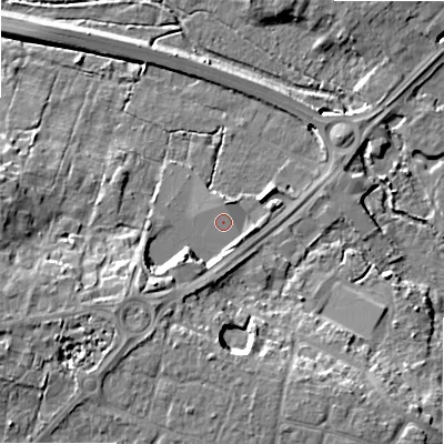 Shaded relief map of the ground around BH229AL, computed from Environment Agency LiDAR. The ground here sits at about 16 m above sea level and falls 16 m across the surrounding 800 m. The ground contributing surface water to this point lies to the north.