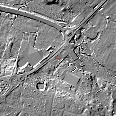 Shaded relief map of the ground around BH229BB, computed from Environment Agency LiDAR. The ground here sits at about 14 m above sea level and falls 16 m across the surrounding 800 m. Surface water reaching this point runs off ground lying to the south-west, 2.0 m higher.
