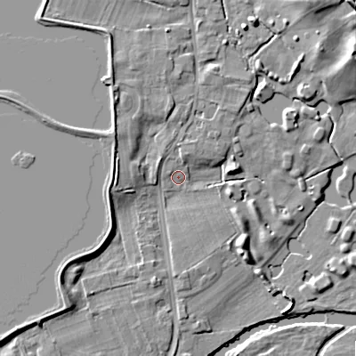 Shaded relief map of the ground around BH229BP, computed from Environment Agency LiDAR. The ground here sits at about 11 m above sea level and falls 19 m across the surrounding 800 m. Surface water reaching this point runs off ground lying to the north-north-east, 2.0 m higher.