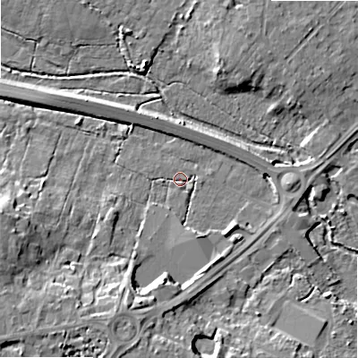 Shaded relief map of the ground around BH229BW, computed from Environment Agency LiDAR. The ground here sits at about 13 m above sea level and falls 16 m across the surrounding 800 m. Surface water reaching this point runs off ground lying to the south-south-west, 15.9 m higher.