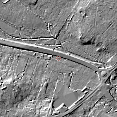 Shaded relief map of the ground around BH229DQ, computed from Environment Agency LiDAR. The ground here sits at about 13 m above sea level and falls 19 m across the surrounding 800 m. Surface water reaching this point runs off ground lying to the west-south-west, 17.6 m higher.