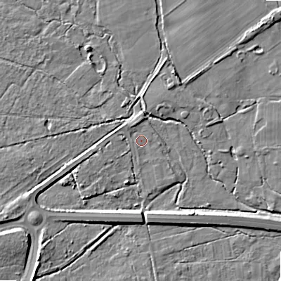 Shaded relief map of the ground around BH229HQ, computed from Environment Agency LiDAR. The ground here sits at about 15 m above sea level and falls 7 m across the surrounding 800 m. Surface water reaching this point runs off ground lying to the west-south-west, 0.8 m higher.