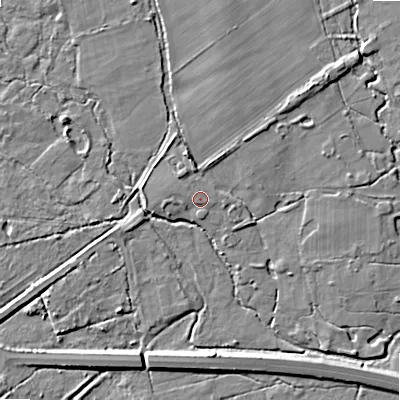 Shaded relief map of the ground around BH229PH, computed from Environment Agency LiDAR. The ground here sits at about 16 m above sea level and falls 6 m across the surrounding 800 m. Surface water reaching this point runs off ground lying to the north-west, 0.7 m higher.