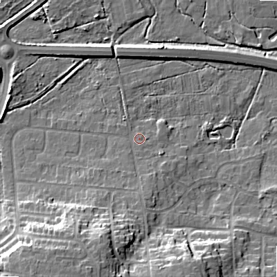 Shaded relief map of the ground around BH229QE, computed from Environment Agency LiDAR. The ground here sits at about 17 m above sea level and falls 19 m across the surrounding 800 m. Surface water reaching this point runs off ground lying to the south-south-west, 14.7 m higher.