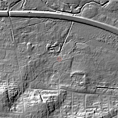 Shaded relief map of the ground around BH229UE, computed from Environment Agency LiDAR. The ground here sits at about 15 m above sea level and falls 19 m across the surrounding 800 m. Surface water reaching this point runs off ground lying to the south-south-west, 16.5 m higher.
