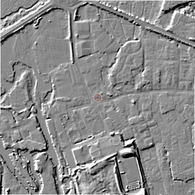 Shaded relief map of the ground around BH231AR, computed from Environment Agency LiDAR. The ground here sits at about 2 m above sea level and falls 8 m across the surrounding 800 m. Surface water reaching this point runs off ground lying to the south, 5.5 m higher.