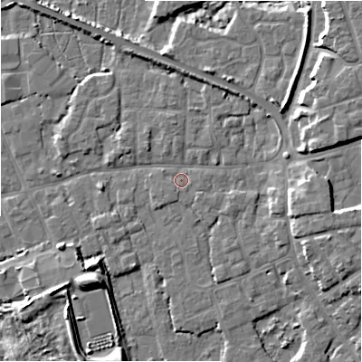 Shaded relief map of the ground around BH231AX, computed from Environment Agency LiDAR. The ground here sits at about 2 m above sea level and falls 8 m across the surrounding 800 m. Surface water reaching this point runs off ground lying to the south-west, 0.7 m higher.