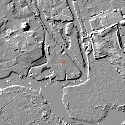 Shaded relief map of the ground around BH231BD, computed from Environment Agency LiDAR. The ground here sits at about 2 m above sea level and falls 12 m across the surrounding 800 m. The ground contributing surface water to this point lies to the west-south-west.