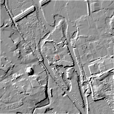 Shaded relief map of the ground around BH231BL, computed from Environment Agency LiDAR. The ground here sits at about 2 m above sea level and falls 12 m across the surrounding 800 m. Surface water reaching this point runs off ground lying to the east-south-east, 2.4 m higher.