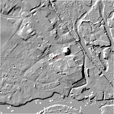 Shaded relief map of the ground around BH231BS, computed from Environment Agency LiDAR. The ground here sits at about 5 m above sea level and falls 12 m across the surrounding 800 m. Surface water reaching this point runs off ground lying to the south-east, 1.5 m higher.