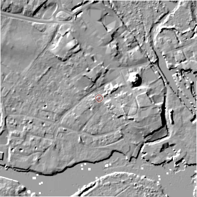 Shaded relief map of the ground around BH231BT, computed from Environment Agency LiDAR. The ground here sits at about 2 m above sea level and falls 12 m across the surrounding 800 m. Surface water reaching this point runs off ground lying to the east-south-east, 5.3 m higher.
