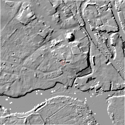 Shaded relief map of the ground around BH231BU, computed from Environment Agency LiDAR. The ground here sits at about 4 m above sea level and falls 12 m across the surrounding 800 m. Surface water reaching this point runs off ground lying to the east-north-east, 4.5 m higher.