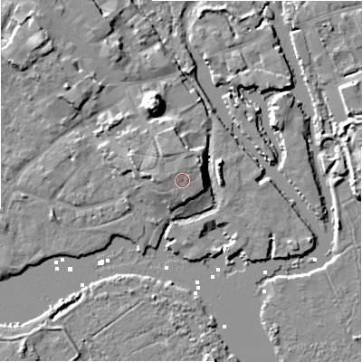 Shaded relief map of the ground around BH231BX, computed from Environment Agency LiDAR. The ground here sits at about 6 m above sea level and falls 12 m across the surrounding 800 m. Surface water reaching this point runs off ground lying to the west-north-west, 0.8 m higher.