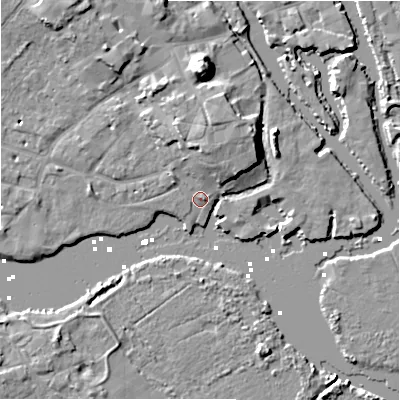 Shaded relief map of the ground around BH231BY, computed from Environment Agency LiDAR. The ground here sits at about 2 m above sea level and falls 12 m across the surrounding 800 m. Surface water reaching this point runs off ground lying to the north-north-east, 5.7 m higher.