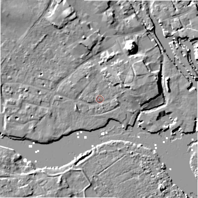 Shaded relief map of the ground around BH231DA, computed from Environment Agency LiDAR. The ground here sits at about 2 m above sea level and falls 12 m across the surrounding 800 m. Surface water reaching this point runs off ground lying to the east-north-east, 5.9 m higher.