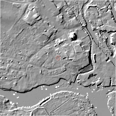 Shaded relief map of the ground around BH231DB, computed from Environment Agency LiDAR. The ground here sits at about 2 m above sea level and falls 12 m across the surrounding 800 m. Surface water reaching this point runs off ground lying to the east-north-east, 4.5 m higher.