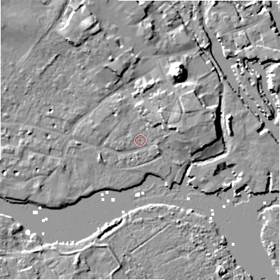 Shaded relief map of the ground around BH231DD, computed from Environment Agency LiDAR. The ground here sits at about 2 m above sea level and falls 12 m across the surrounding 800 m. Surface water reaching this point runs off ground lying to the east-north-east, 5.4 m higher.