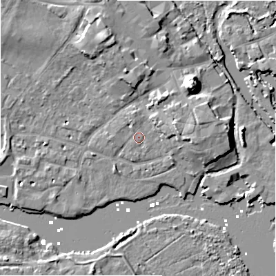 Shaded relief map of the ground around BH231DE, computed from Environment Agency LiDAR. The ground here sits at about 2 m above sea level and falls 12 m across the surrounding 800 m. Surface water reaching this point runs off ground lying to the north, 1.4 m higher.