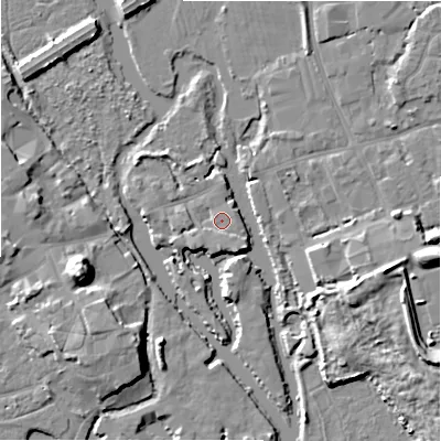 Shaded relief map of the ground around BH231DJ, computed from Environment Agency LiDAR. The ground here sits at about 2 m above sea level and falls 12 m across the surrounding 800 m. Surface water reaching this point runs off ground lying to the south-east, 2.1 m higher.