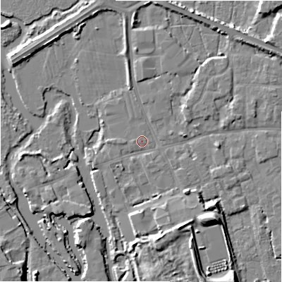 Shaded relief map of the ground around BH231DL, computed from Environment Agency LiDAR. The ground here sits at about 2 m above sea level and falls 8 m across the surrounding 800 m. Surface water reaching this point runs off ground lying to the south-south-east, 5.5 m higher.