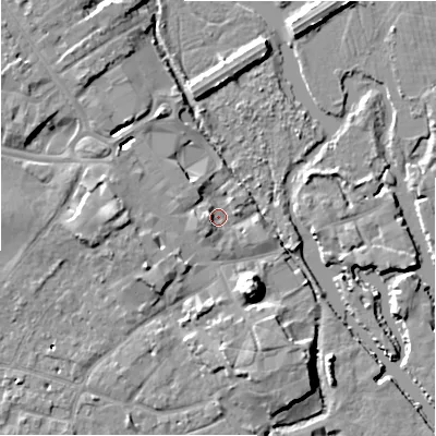Shaded relief map of the ground around BH231DN, computed from Environment Agency LiDAR. The ground here sits at about 3 m above sea level and falls 12 m across the surrounding 800 m. Surface water reaching this point runs off ground lying to the west, 3.4 m higher.
