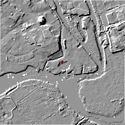 Shaded relief map of the ground around BH231DR, computed from Environment Agency LiDAR. The ground here sits at about 1 m above sea level and falls 12 m across the surrounding 800 m. Surface water reaching this point runs off ground lying to the west-south-west, 2.4 m higher.
