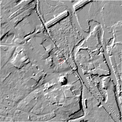 Shaded relief map of the ground around BH231DS, computed from Environment Agency LiDAR. The ground here sits at about 2 m above sea level and falls 12 m across the surrounding 800 m. Surface water reaching this point runs off ground lying to the west, 3.7 m higher.