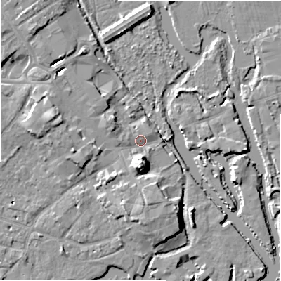 Shaded relief map of the ground around BH231DT, computed from Environment Agency LiDAR. The ground here sits at about 3 m above sea level and falls 12 m across the surrounding 800 m. Surface water reaching this point runs off ground lying to the south, 9.6 m higher.