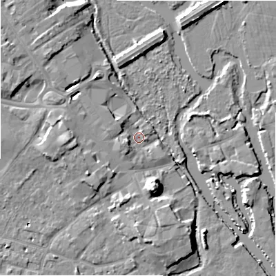 Shaded relief map of the ground around BH231DW, computed from Environment Agency LiDAR. The ground here sits at about 2 m above sea level and falls 12 m across the surrounding 800 m. Surface water reaching this point runs off ground lying to the west-south-west, 3.4 m higher.