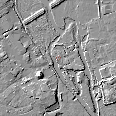 Shaded relief map of the ground around BH231DX, computed from Environment Agency LiDAR. The ground here sits at about 2 m above sea level and falls 12 m across the surrounding 800 m. Surface water reaching this point runs off ground lying to the south-south-west, 1.1 m higher.