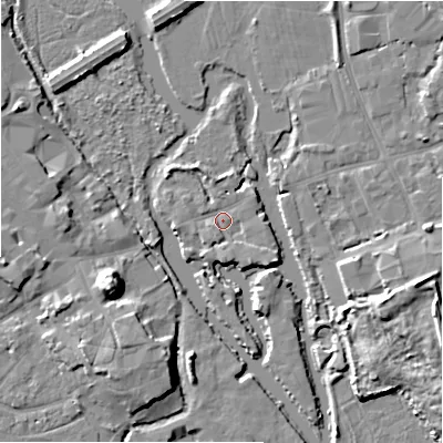 Shaded relief map of the ground around BH231DY, computed from Environment Agency LiDAR. The ground here sits at about 2 m above sea level and falls 12 m across the surrounding 800 m. Surface water reaching this point runs off ground lying to the south-east, 2.4 m higher.