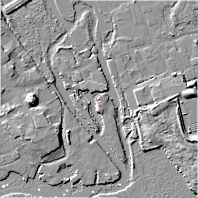 Shaded relief map of the ground around BH231DZ, computed from Environment Agency LiDAR. The ground here sits at about 3 m above sea level and falls 12 m across the surrounding 800 m. Surface water reaching this point runs off ground lying to the west, 12.0 m higher.