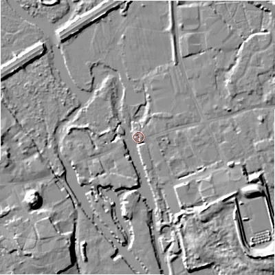 Shaded relief map of the ground around BH231EB, computed from Environment Agency LiDAR. The ground here sits at about 2 m above sea level and falls 12 m across the surrounding 800 m. Surface water reaching this point runs off ground lying to the south-east, 6.8 m higher.