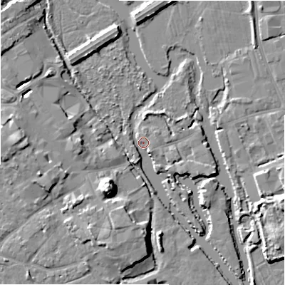 Shaded relief map of the ground around BH231ED, computed from Environment Agency LiDAR. The ground here sits at about 1 m above sea level and falls 12 m across the surrounding 800 m. Surface water reaching this point runs off ground lying to the north-west, 6.7 m higher.