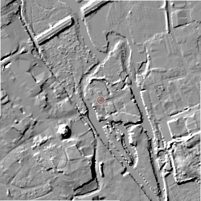 Shaded relief map of the ground around BH231EF, computed from Environment Agency LiDAR. The ground here sits at about 2 m above sea level and falls 12 m across the surrounding 800 m. Surface water reaching this point runs off ground lying to the east-south-east, 2.4 m higher.