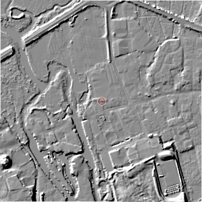 Shaded relief map of the ground around BH231EG, computed from Environment Agency LiDAR. The ground here sits at about 2 m above sea level and falls 12 m across the surrounding 800 m. Surface water reaching this point runs off ground lying to the west, 0.7 m higher.