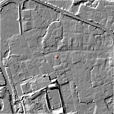 Shaded relief map of the ground around BH231EH, computed from Environment Agency LiDAR. The ground here sits at about 3 m above sea level and falls 9 m across the surrounding 800 m. Surface water reaching this point runs off ground lying to the south, 1.5 m higher.
