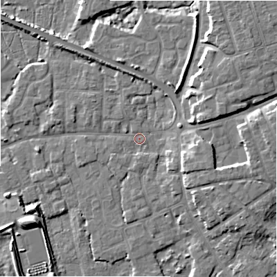Shaded relief map of the ground around BH231EJ, computed from Environment Agency LiDAR. The ground here sits at about 2 m above sea level and falls 8 m across the surrounding 800 m. Surface water reaching this point runs off ground lying to the north-east, 6.8 m higher.