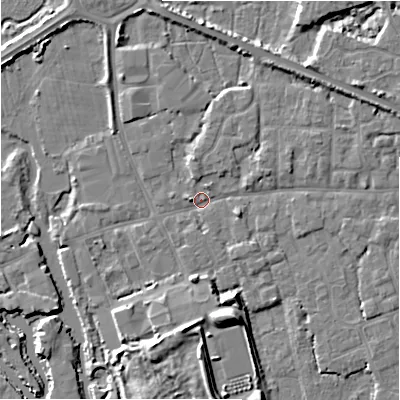 Shaded relief map of the ground around BH231EP, computed from Environment Agency LiDAR. The ground here sits at about 2 m above sea level and falls 8 m across the surrounding 800 m. Surface water reaching this point runs off ground lying to the east-north-east, 2.0 m higher.