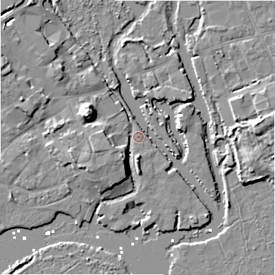 Shaded relief map of the ground around BH231EQ, computed from Environment Agency LiDAR. The ground here sits at about 2 m above sea level and falls 12 m across the surrounding 800 m. Surface water reaching this point runs off ground lying to the south-west, 6.2 m higher.