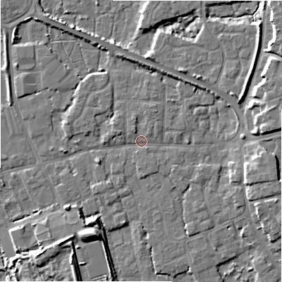 Shaded relief map of the ground around BH231ES, computed from Environment Agency LiDAR. The ground here sits at about 2 m above sea level and falls 9 m across the surrounding 800 m. Surface water reaching this point runs off ground lying to the north-east, 6.7 m higher.