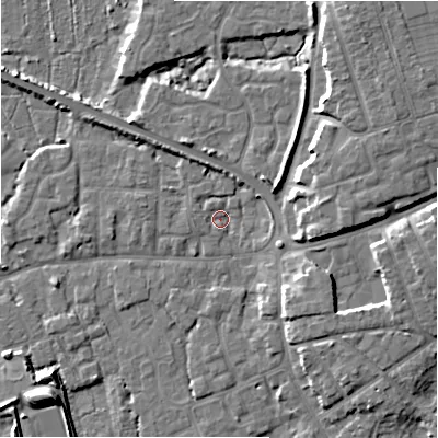 Shaded relief map of the ground around BH231ET, computed from Environment Agency LiDAR. The ground here sits at about 2 m above sea level and falls 8 m across the surrounding 800 m. Surface water reaching this point runs off ground lying to the north-north-west, 1.3 m higher.