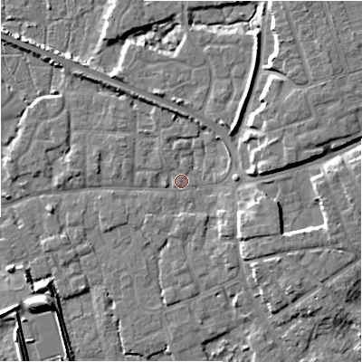 Shaded relief map of the ground around BH231EU, computed from Environment Agency LiDAR. The ground here sits at about 2 m above sea level and falls 8 m across the surrounding 800 m. Surface water reaching this point runs off ground lying to the north-east, 6.9 m higher.