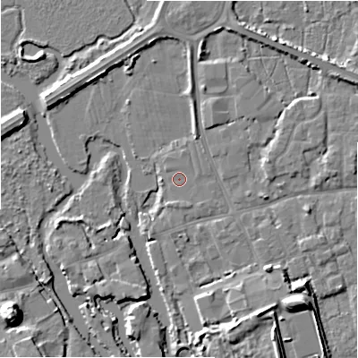 Shaded relief map of the ground around BH231EX, computed from Environment Agency LiDAR. The ground here sits at about 2 m above sea level and falls 12 m across the surrounding 800 m. The ground contributing surface water to this point lies to the north-north-east.