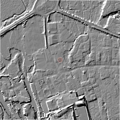 Shaded relief map of the ground around BH231EZ, computed from Environment Agency LiDAR. The ground here sits at about 2 m above sea level and falls 8 m across the surrounding 800 m. Surface water reaching this point runs off ground lying to the east-north-east, 2.4 m higher.