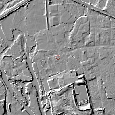 Shaded relief map of the ground around BH231FA, computed from Environment Agency LiDAR. The ground here sits at about 2 m above sea level and falls 9 m across the surrounding 800 m. Surface water reaching this point runs off ground lying to the south-south-east, 5.5 m higher.