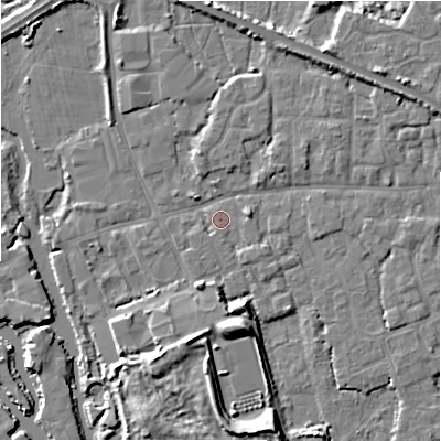 Shaded relief map of the ground around BH231FD, computed from Environment Agency LiDAR. The ground here sits at about 2 m above sea level and falls 9 m across the surrounding 800 m. Surface water reaching this point runs off ground lying to the south-east, 1.3 m higher.