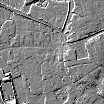 Shaded relief map of the ground around BH231FE, computed from Environment Agency LiDAR. The ground here sits at about 2 m above sea level and falls 8 m across the surrounding 800 m. Surface water reaching this point runs off ground lying to the north-east, 6.7 m higher.